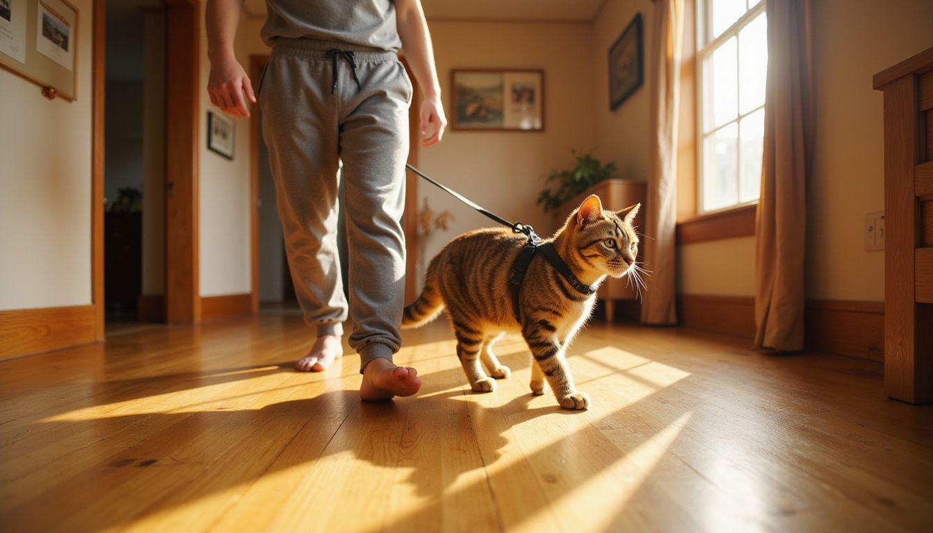 A young adult calmly guides a tabby cat on a leash across a warm, lived-in home. A young adult calmly guides a tabby cat on a leash across a warm, lived-in home.