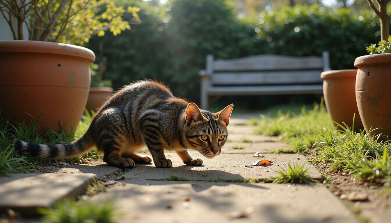 A stressed tabby cat crouches in a weathered garden, exhibiting signs of acute anxiety amidst overgrown plants. A stressed tabby cat crouches in a weathered garden, exhibiting signs of acute anxiety amidst overgrown plants.