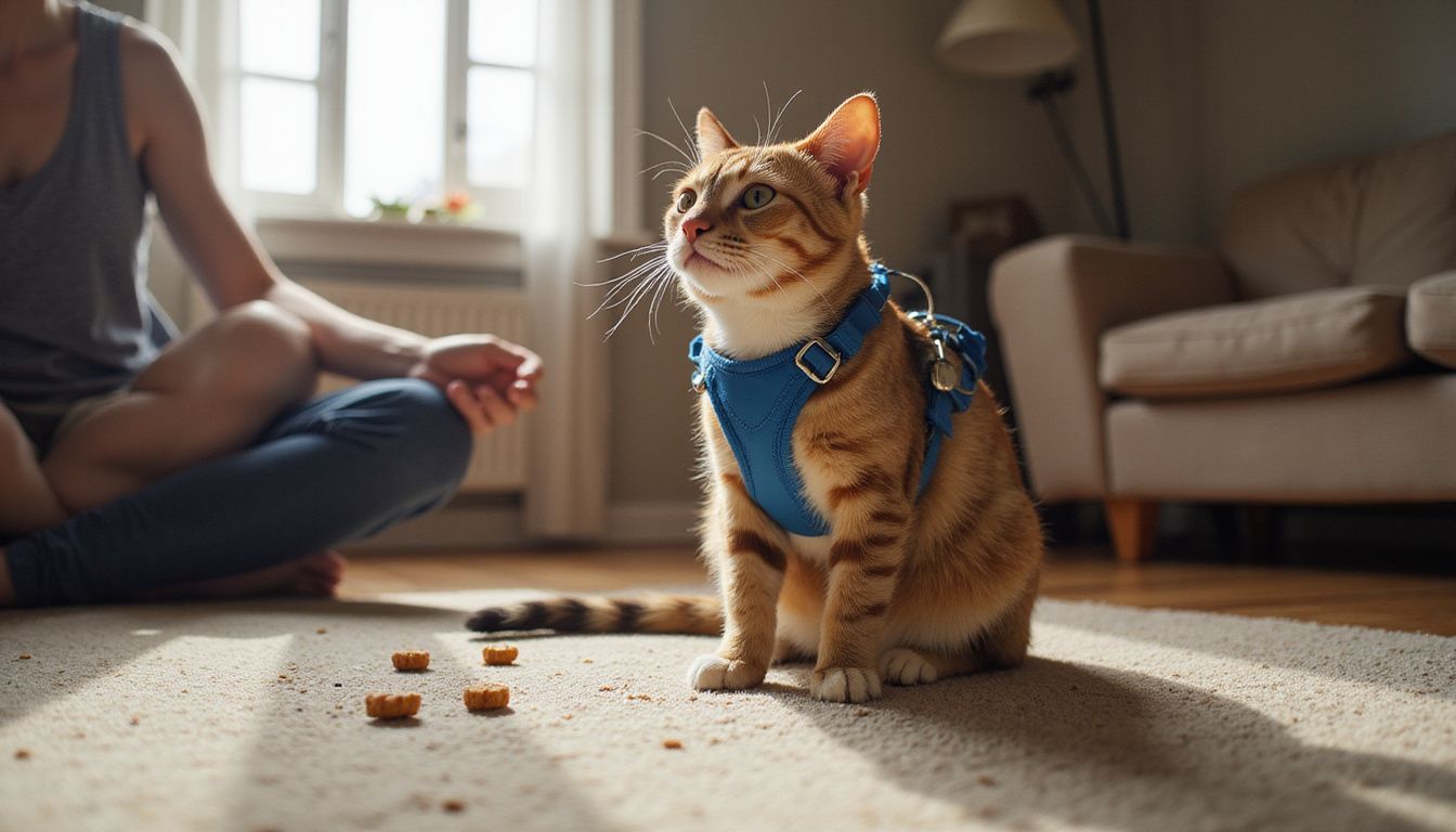 A young adult sits cross-legged on a carpet with a relaxed tabby cat exploring its new harness nearby. A young adult sits cross-legged on a carpet with a relaxed tabby cat exploring its new harness nearby.