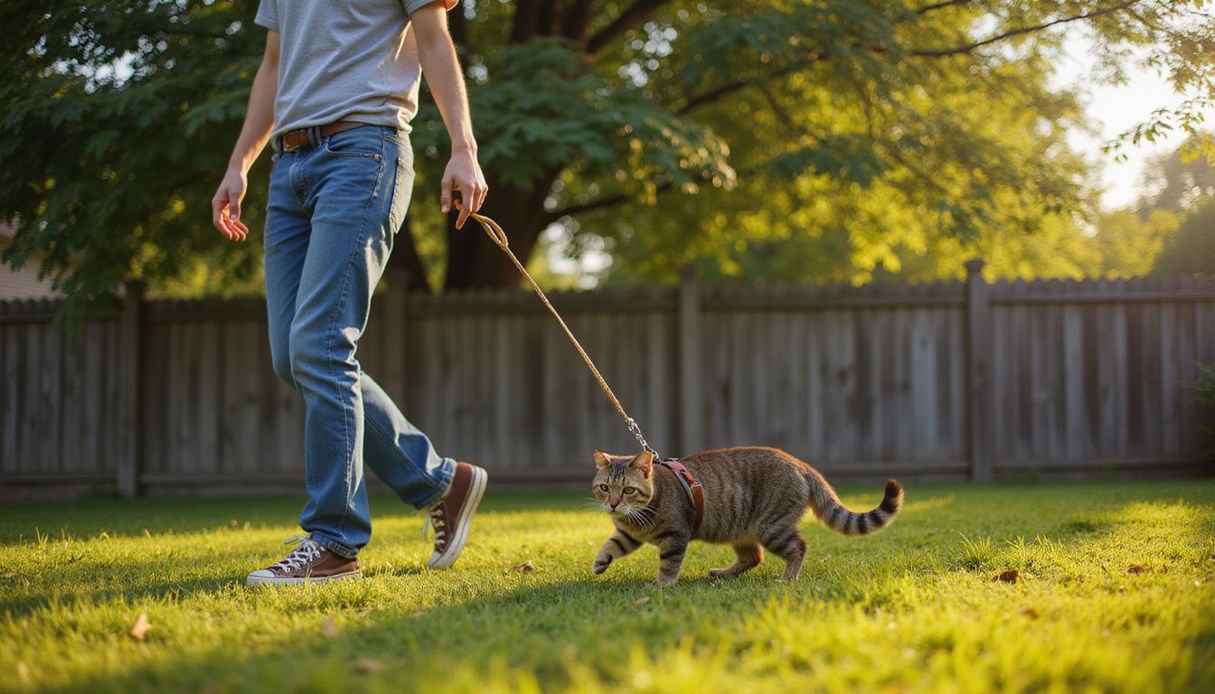 A young adult walks in a backyard with a curious brown tabby cat on a frayed leash. A young adult walks in a backyard with a curious brown tabby cat on a frayed leash.
