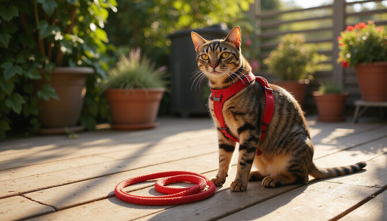 A tabby cat in a red harness sits alert on a weathered wooden patio surrounded by a lush garden. A tabby cat in a red harness sits alert on a weathered wooden patio surrounded by a lush garden.