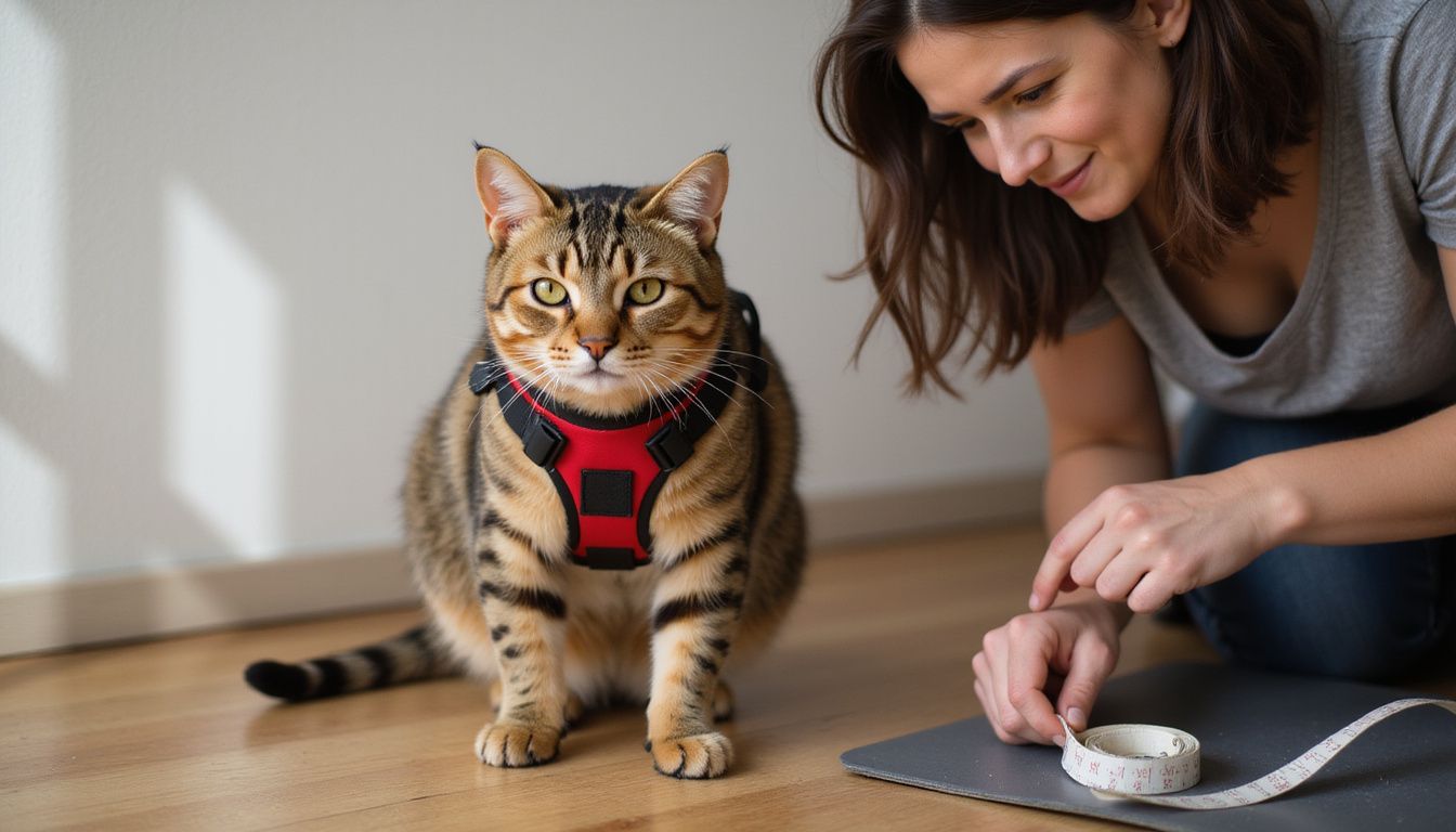 A woman gently adjusts a harness on a relaxed tabby cat while sitting on light oak hardwood flooring. A woman gently adjusts a harness on a relaxed tabby cat while sitting on light oak hardwood flooring.