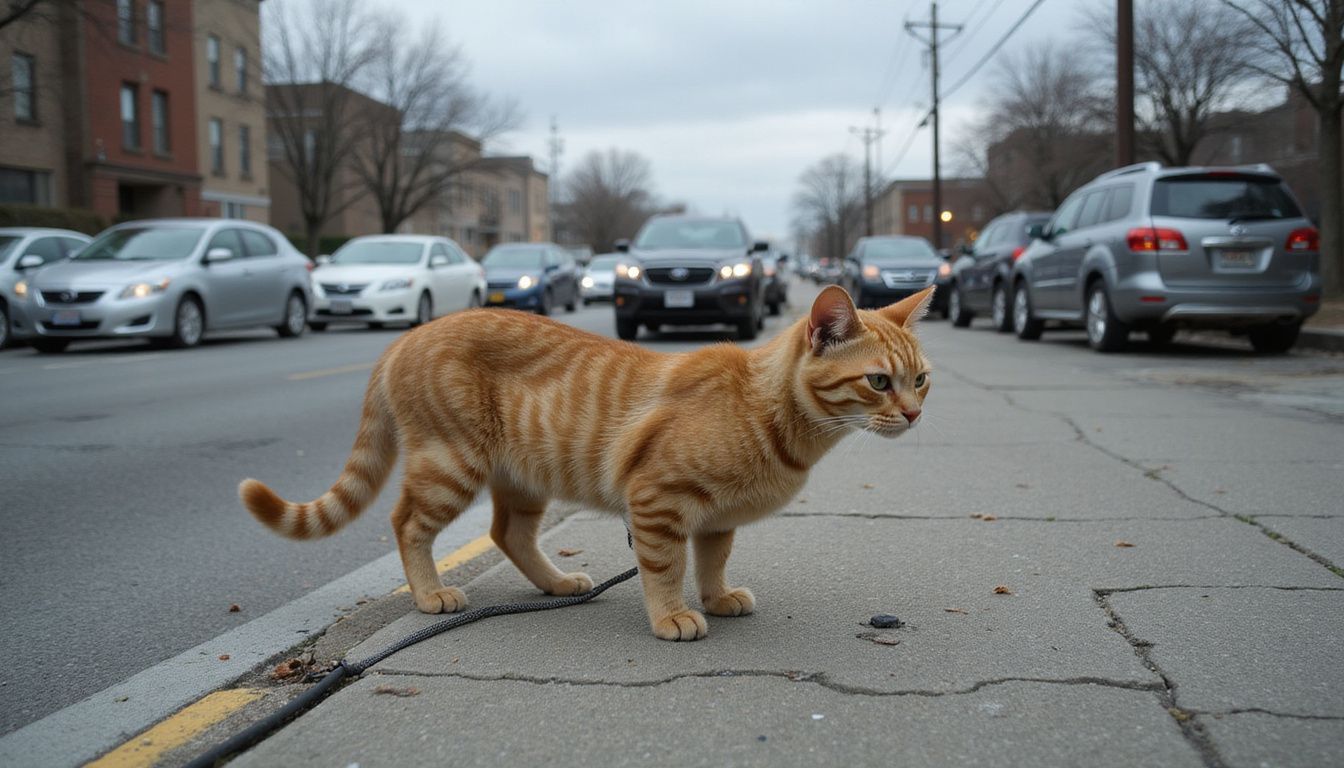 A distressed tabby cat, tethered by a leash, stands rigidly at a bustling urban street curb. A distressed tabby cat, tethered by a leash, stands rigidly at a bustling urban street curb.