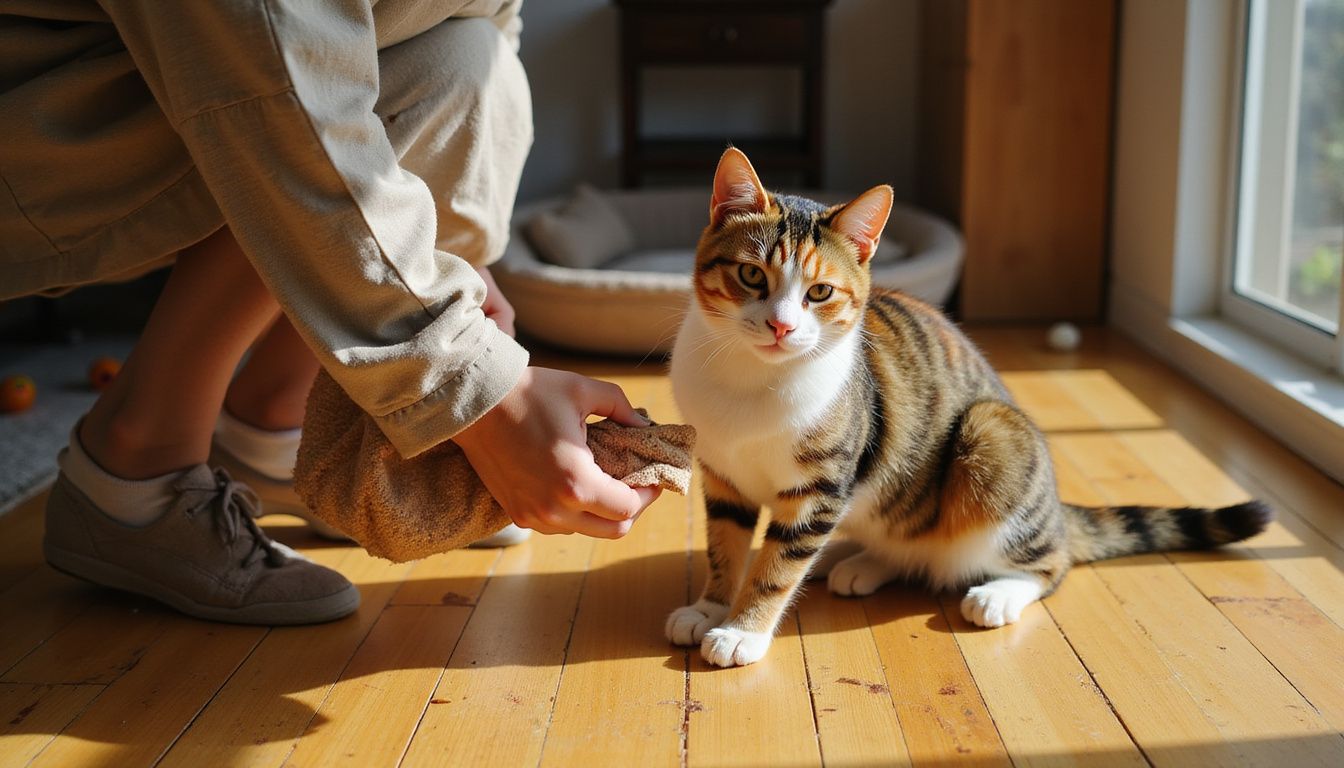 A focused tabby cat eagerly watches a treat pouch held by a relaxed woman in a cozy home setting. A focused tabby cat eagerly watches a treat pouch held by a relaxed woman in a cozy home setting.
