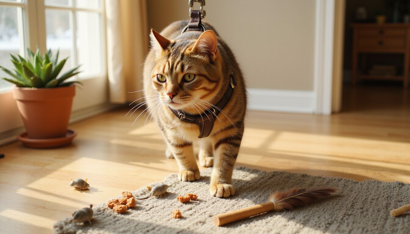 A tabby cat in a harness explores a room filled with toys and a succulent plant. A tabby cat in a harness explores a room filled with toys and a succulent plant.