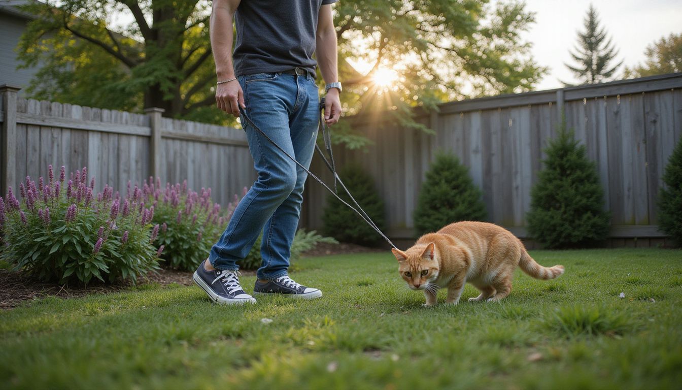 A young adult stands in a backyard, holding a leash attached to an orange tabby cat exploring the grass. A young adult stands in a backyard, holding a leash attached to an orange tabby cat exploring the grass.