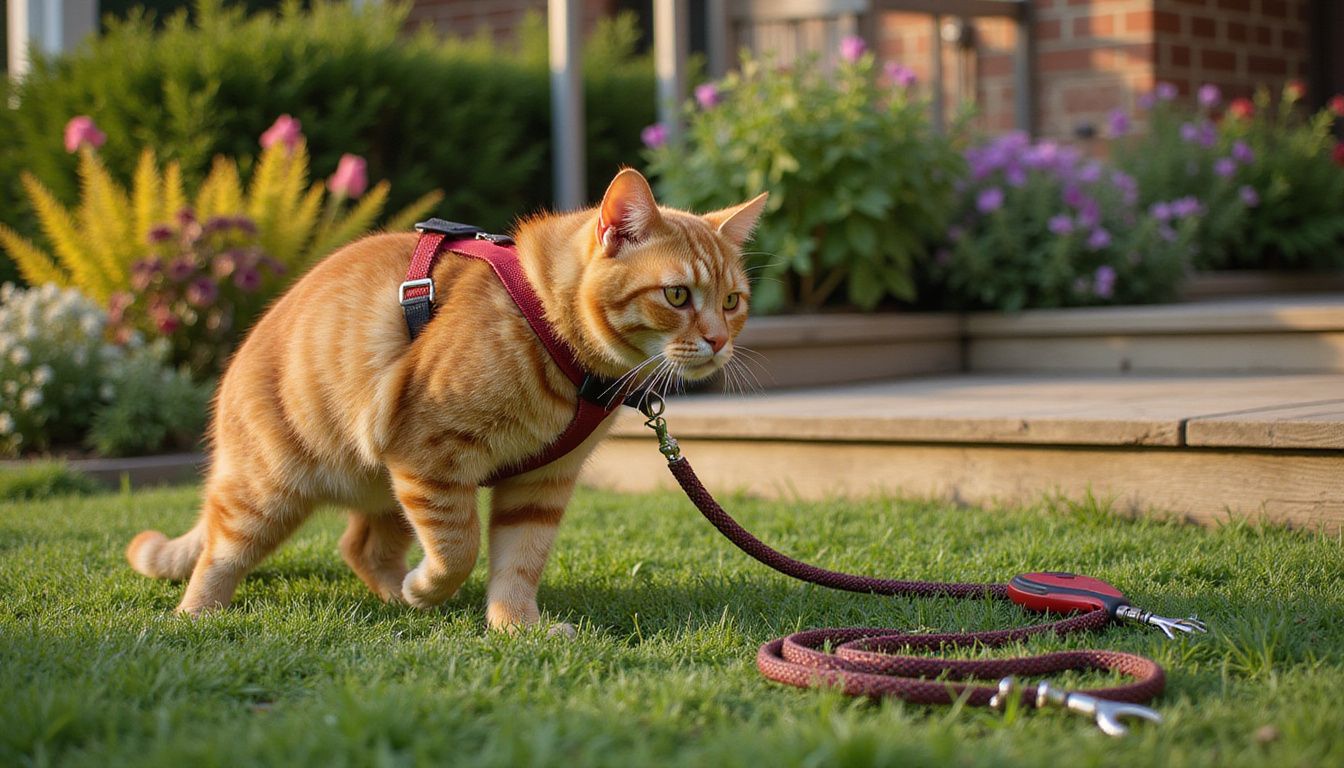 A plump orange tabby cat in a red harness stands alert on a manicured lawn, focused on a garden. A plump orange tabby cat in a red harness stands alert on a manicured lawn, focused on a garden.