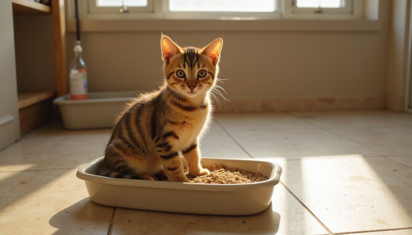 A young tabby kitten sits comfortably in a ceramic litter box, surrounded by a cozy, lived-in bathroom environment.