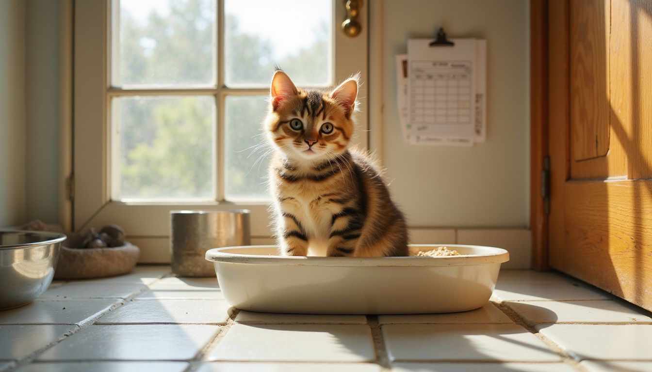 A fluffy tabby kitten sits alert in a ceramic litter box in a bright bathroom.