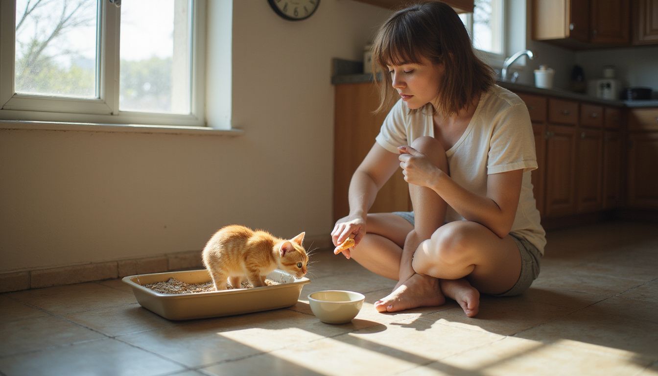 A woman trains her ginger tabby kitten on the kitchen floor near a litter box and feeding bowl.