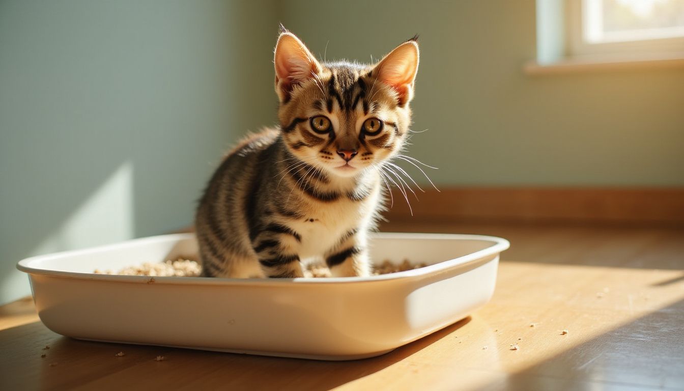 A young tabby kitten sits alertly in a ceramic litter box, showcasing its rich coat and curious demeanor.