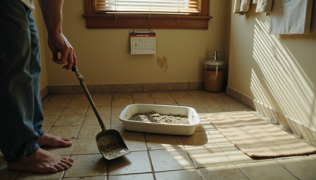 A middle-aged person cleans a cluttered litter box in a worn, cramped bathroom filled with everyday household items.