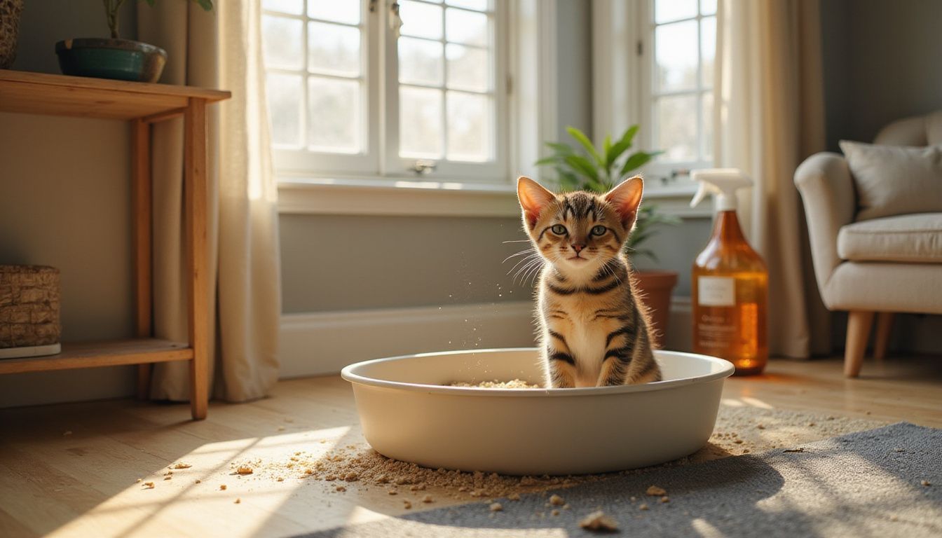 A relaxed tabby kitten sits in a ceramic litter box on a woven mat, embodying a warm home atmosphere.