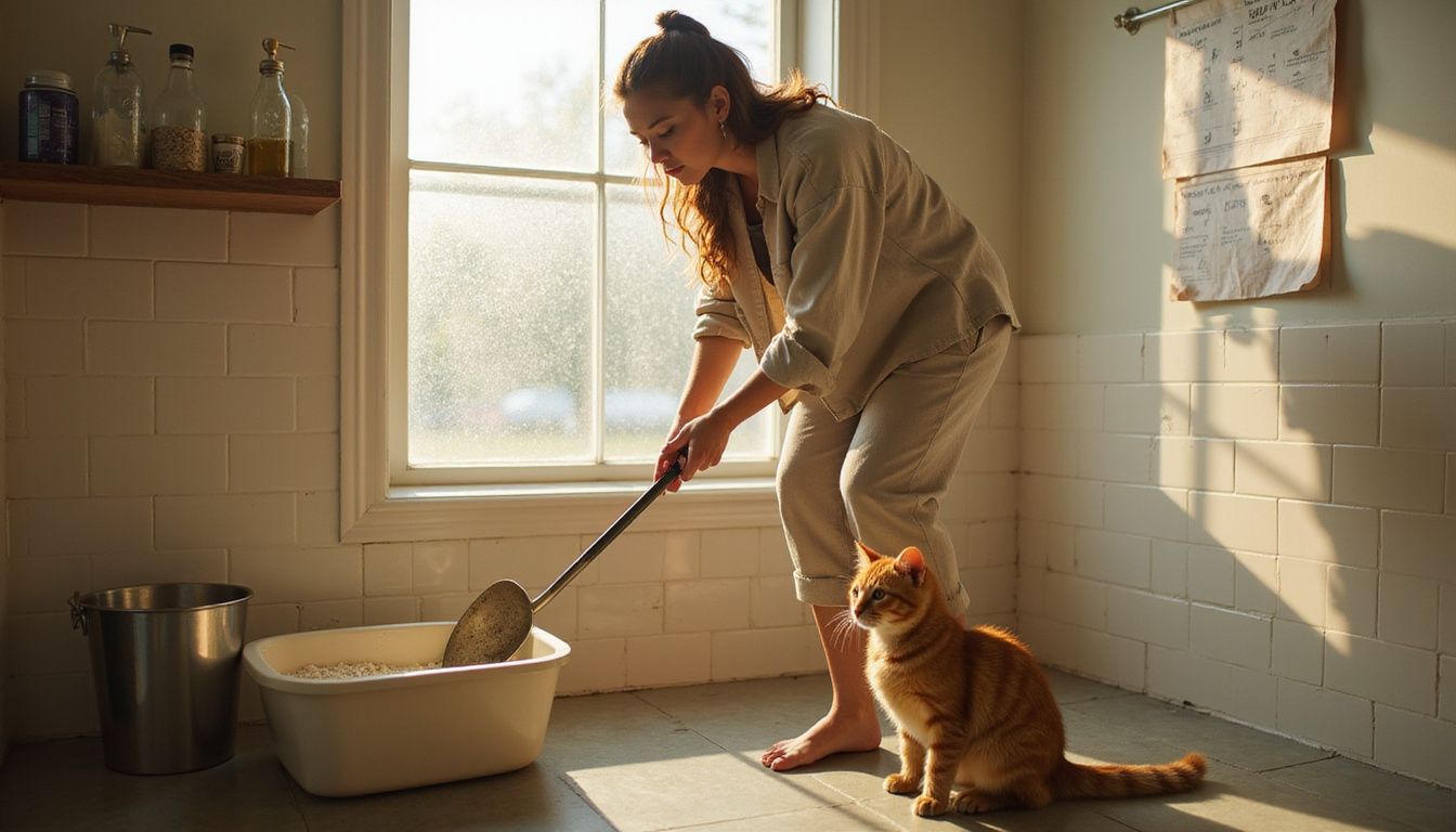 A woman calmly scoops litter while an orange tabby kitten curiously observes in a cozy bathroom setting.