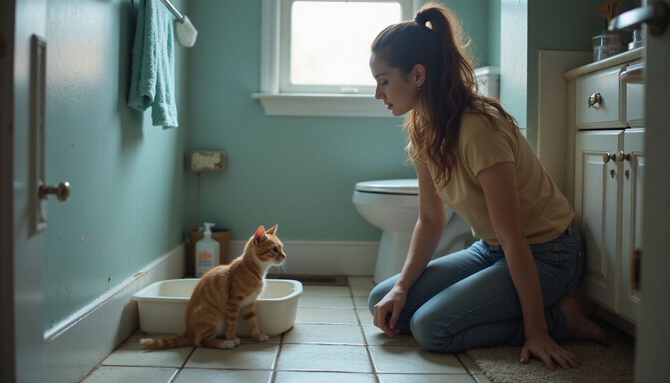 A woman patiently guides an anxious orange tabby kitten beside a ceramic litter box in a modest bathroom.
