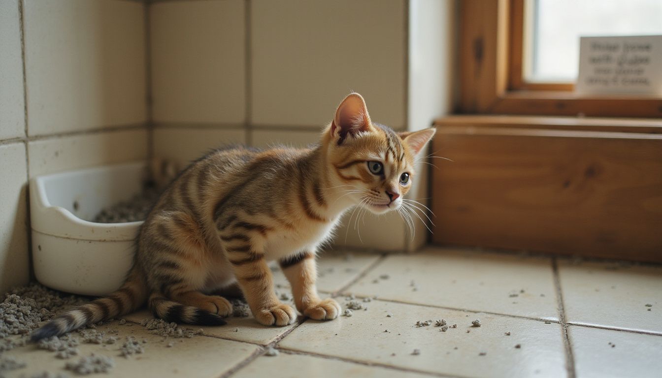 A distressed tabby kitten hunches in a worn litter box, displaying signs of discomfort and vulnerability.
