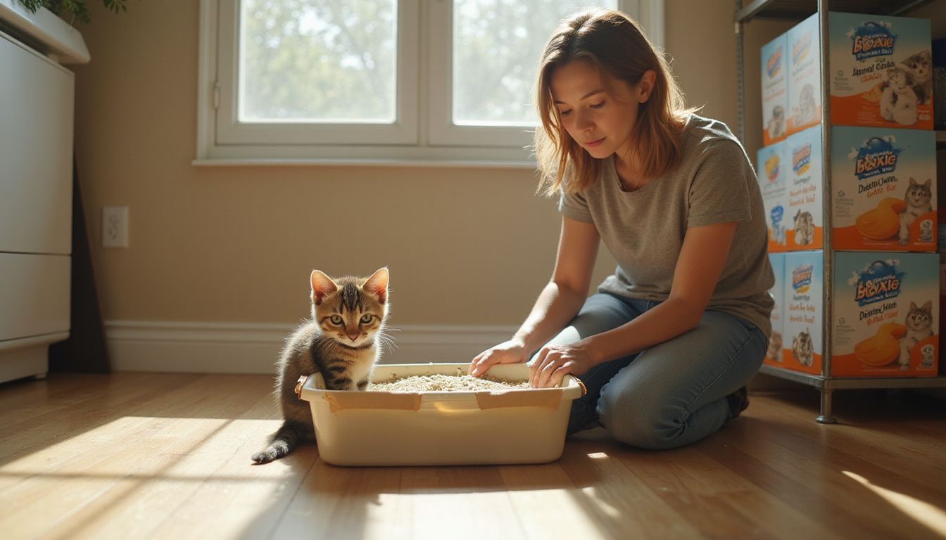 A young tabby kitten sits beside a woman examining a bag of clumping litter in a cozy laundry room.