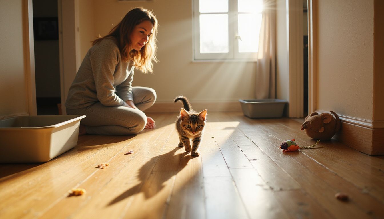 A young tabby kitten cautiously explores a sunlit hallway while a woman attentively observes its movements.