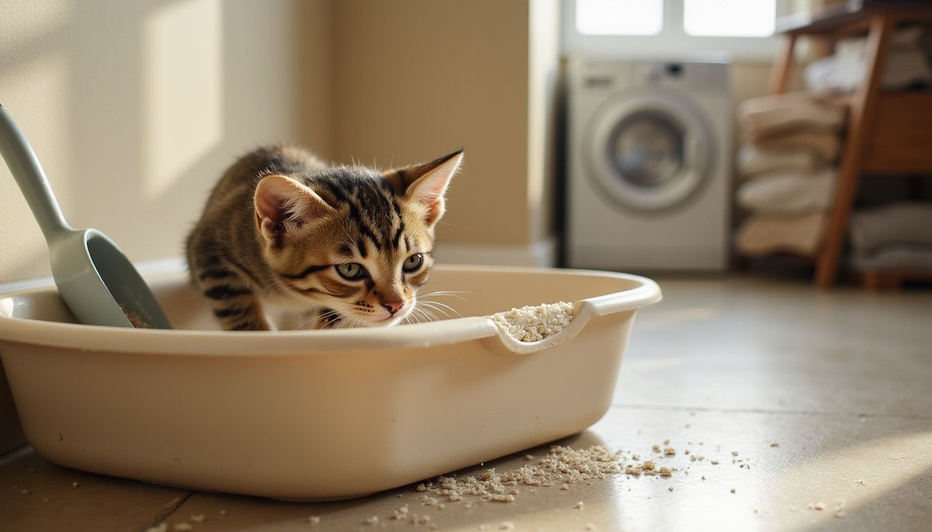 A young tabby kitten curiously sniffs a ceramic litter box filled with clumping litter in a cozy room.