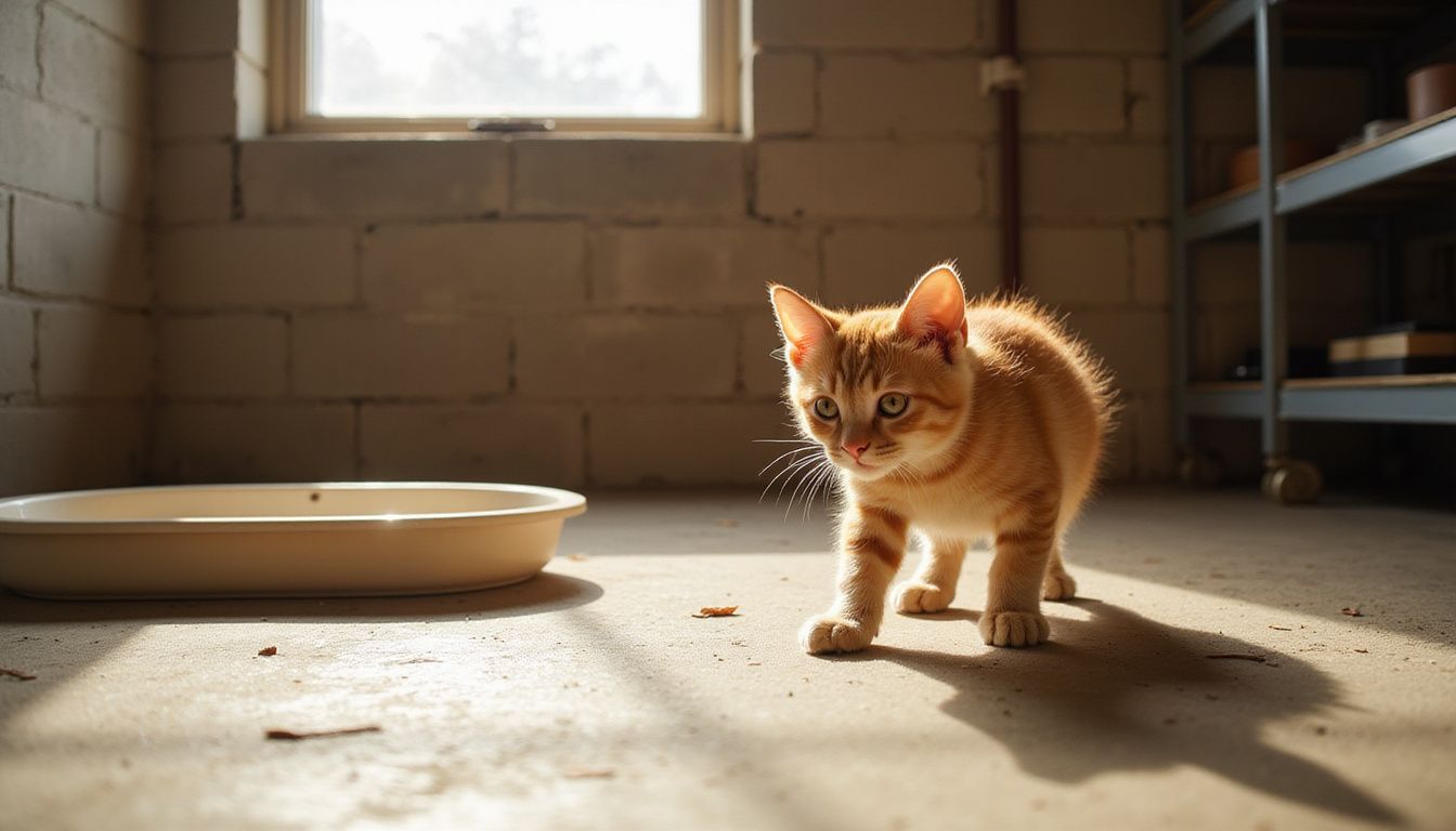 A cautious orange tabby kitten approaches a clean ceramic litter box in a sparse basement setting.