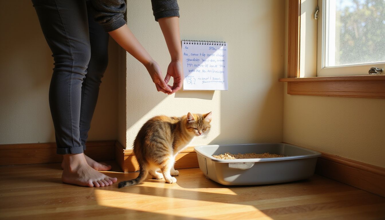 A relaxed person interacts with a curious tabby kitten beside a neatly arranged litter box in a cozy bedroom.