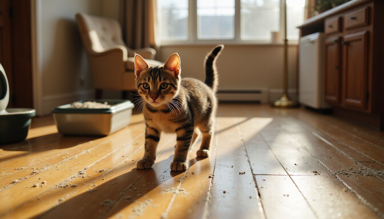A confused tabby kitten stands in a hallway, surrounded by scattered litter and multiple litter boxes.