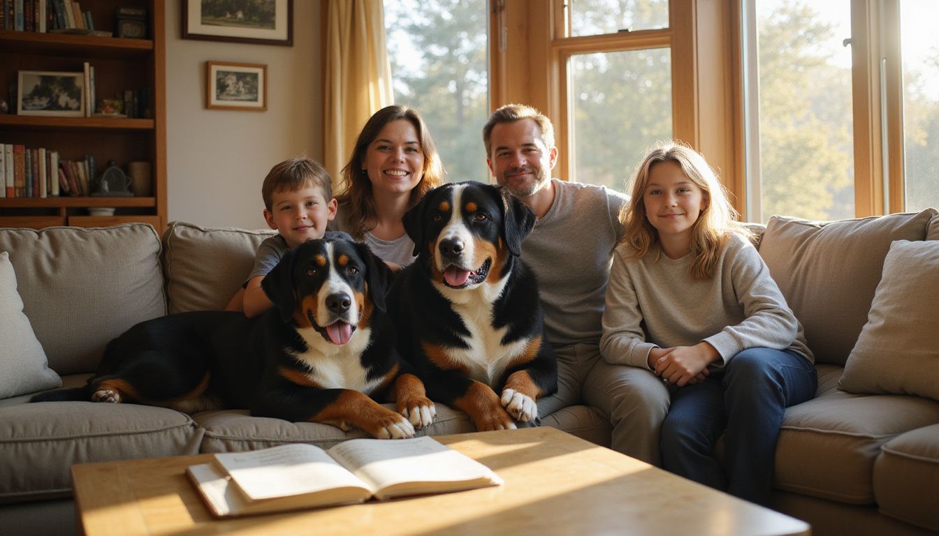 A cheerful family of four relaxes on a sofa with their Bernese Mountain Dog in a cozy living room. A cheerful family of four relaxes on a sofa with their Bernese Mountain Dog in a cozy living room.