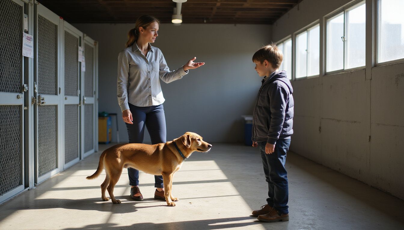 A woman demonstrates proper dog greeting techniques to a curious young boy beside a relaxed mixed-breed dog. A woman demonstrates proper dog greeting techniques to a curious young boy beside a relaxed mixed-breed dog.