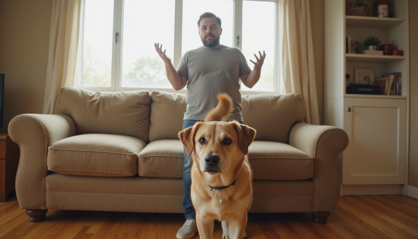 A focused mixed breed dog stands alert in a living room, while a person gestures animatedly nearby. A focused mixed breed dog stands alert in a living room, while a person gestures animatedly nearby.