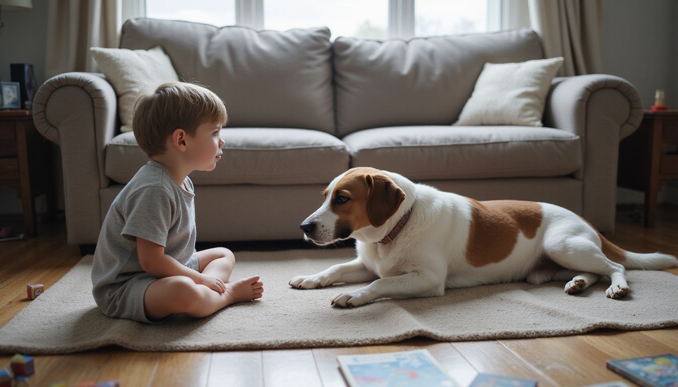A contemplative child sits cross-legged on the floor beside a relaxed dog, surrounded by toys and books. A contemplative child sits cross-legged on the floor beside a relaxed dog, surrounded by toys and books.