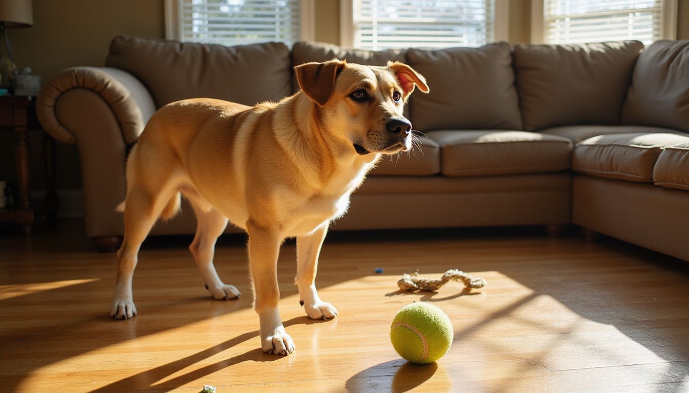 A medium-sized dog shifts from alarm to curiosity, investigating a tennis ball amidst scattered toys in a cozy living room. A medium-sized dog shifts from alarm to curiosity, investigating a tennis ball amidst scattered toys in a cozy living room.