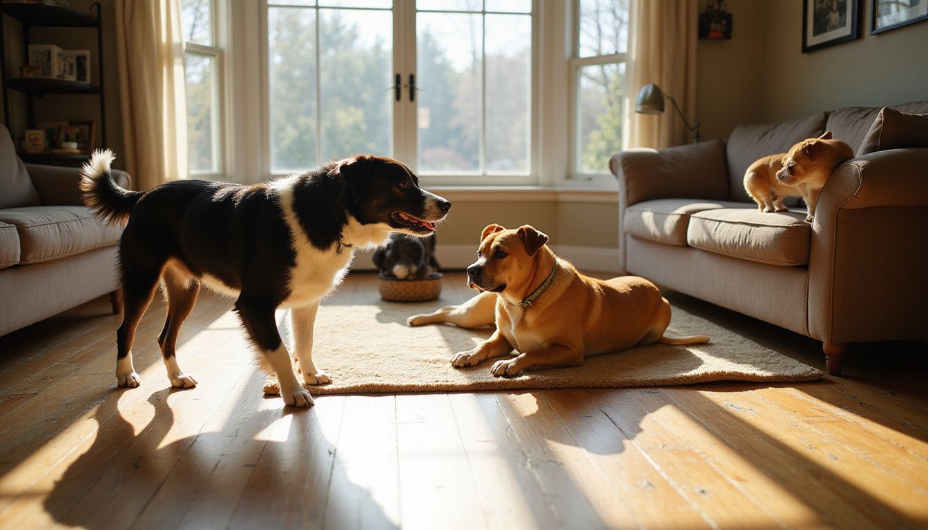 A candid photo showcases four dogs—Border Collie, Jack Russell Terrier, English Bulldog, and Golden Retriever—in a bright living room. A candid photo showcases four dogs—Border Collie, Jack Russell Terrier, English Bulldog, and Golden Retriever—in a bright living room.