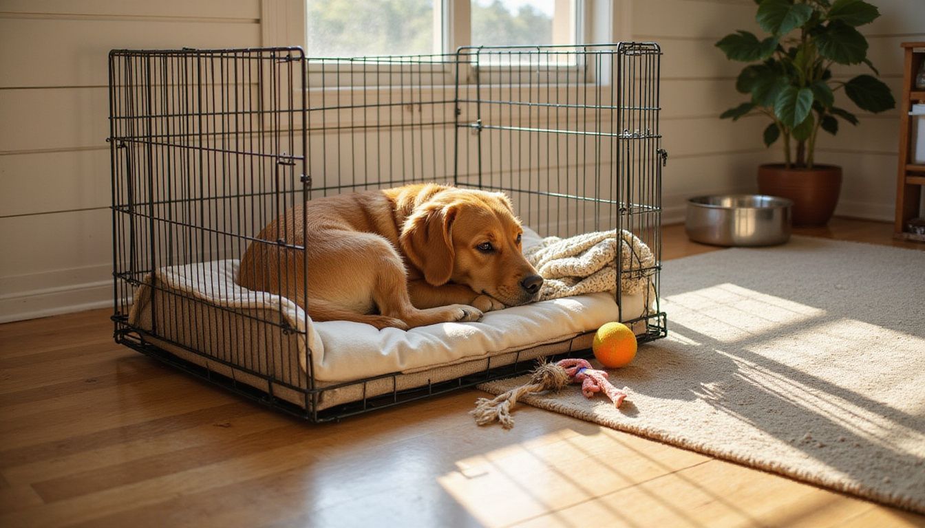 A relaxed golden retriever lies curled in a cozy crate surrounded by toys in a warm, lived-in living room. A relaxed golden retriever lies curled in a cozy crate surrounded by toys in a warm, lived-in living room.