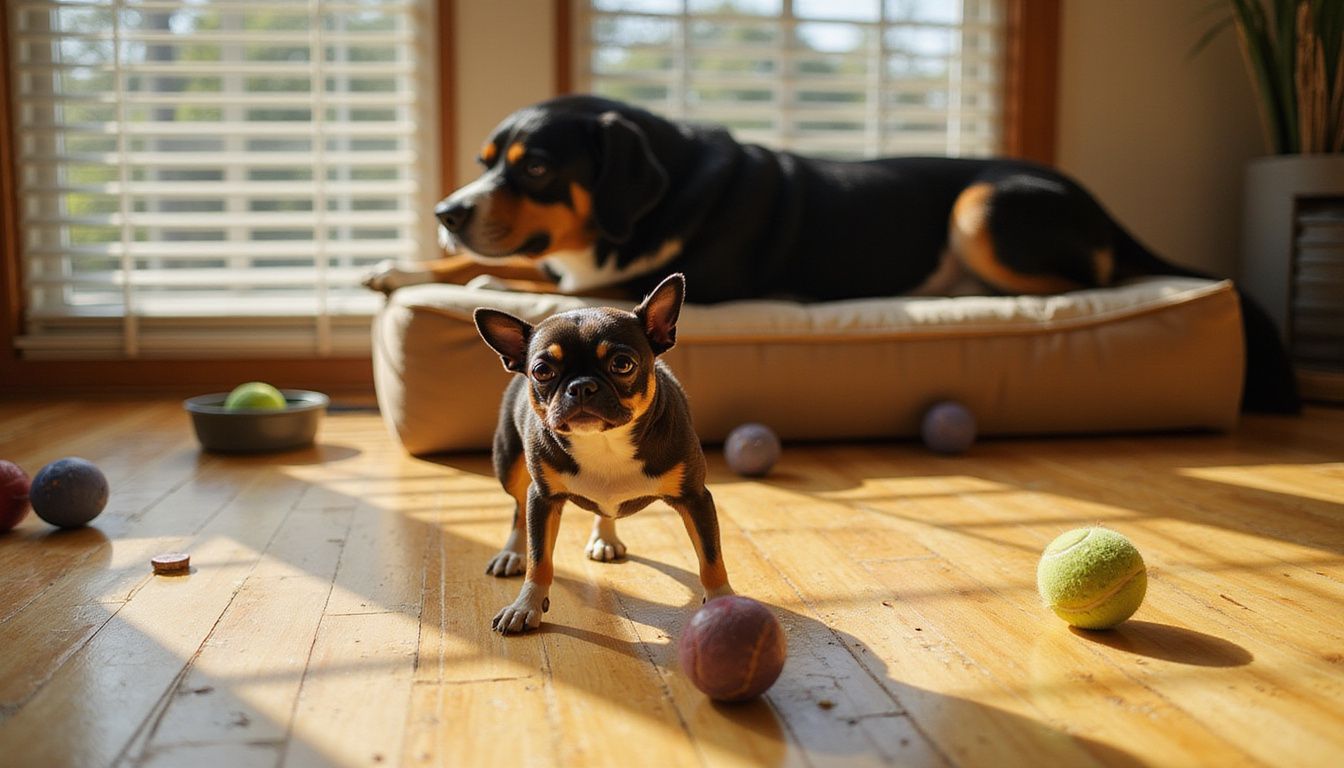 A nervous Chihuahua flinches in a living room while a calm Bernese Mountain Dog relaxes in the background. A nervous Chihuahua flinches in a living room while a calm Bernese Mountain Dog relaxes in the background.
