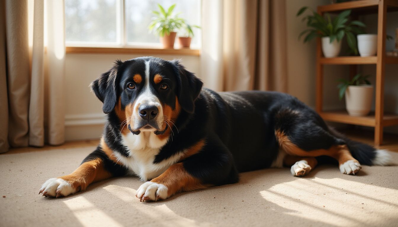 A Bernese Mountain Dog rests peacefully on a wool-blend carpet, surrounded by natural decor and greenery. A Bernese Mountain Dog rests peacefully on a wool-blend carpet, surrounded by natural decor and greenery.