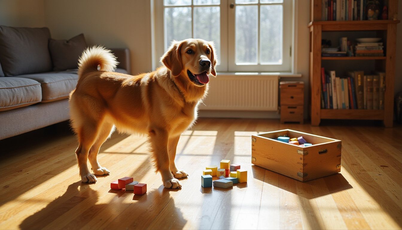 A golden retriever stands on hardwood flooring beside a wooden toy box with scattered colorful blocks. A golden retriever stands on hardwood flooring beside a wooden toy box with scattered colorful blocks.