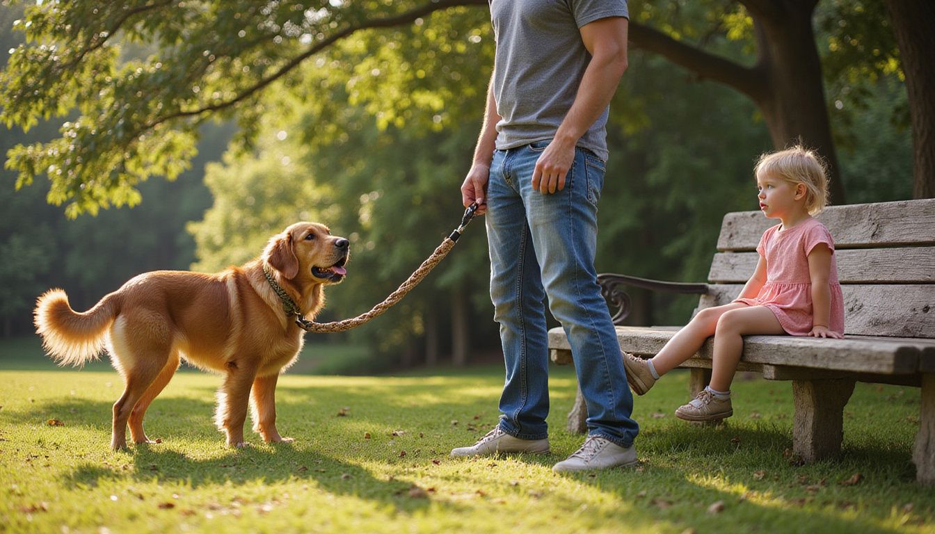 A muscular golden retriever strains at a leash while a focused man controls it, as a toddler watches from a bench. A muscular golden retriever strains at a leash while a focused man controls it, as a toddler watches from a bench.