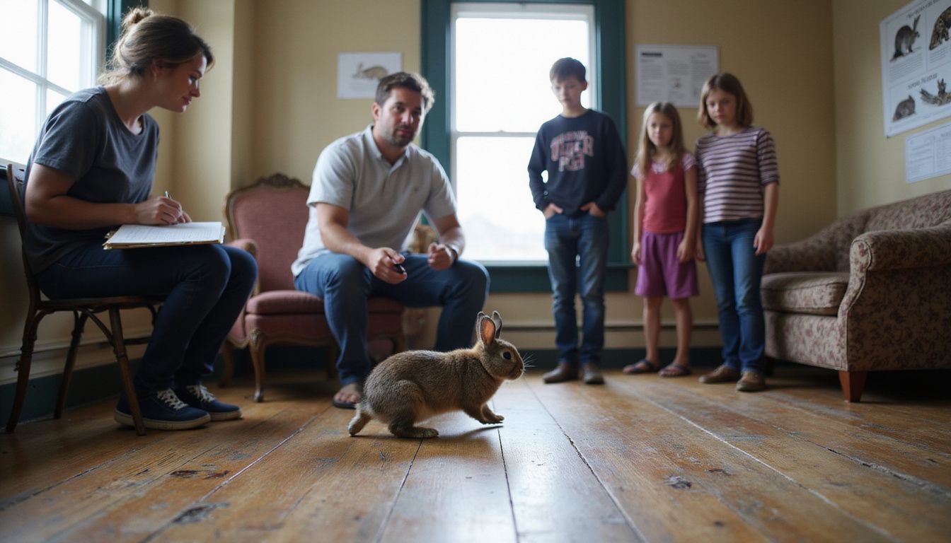 An adoption counselor observes a family as they interact with a Holland Lop rabbit in a cozy assessment room. An adoption counselor observes a family as they interact with a Holland Lop rabbit in a cozy assessment room.