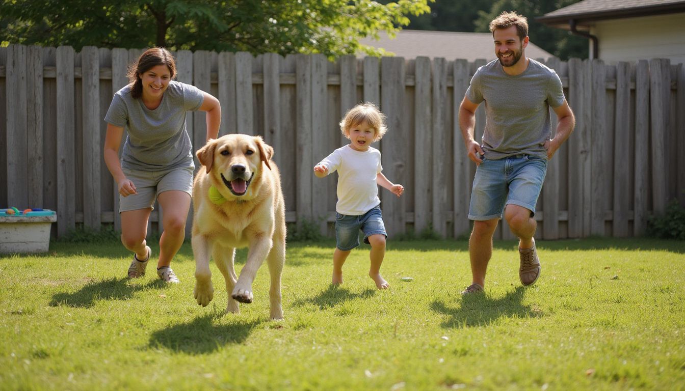 A family of four enjoys playtime in their backyard, laughing as their dog leaps for a tennis ball. A family of four enjoys playtime in their backyard, laughing as their dog leaps for a tennis ball.