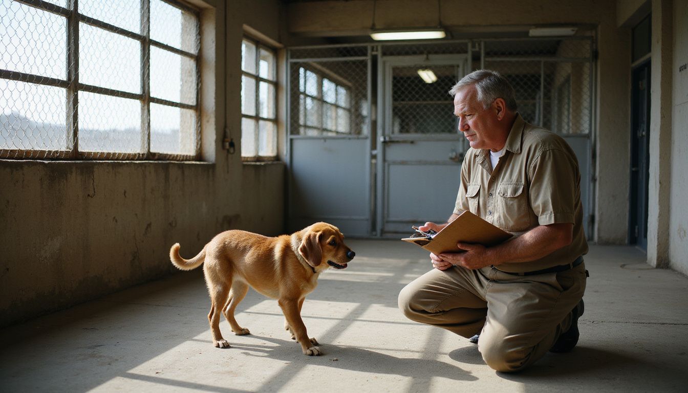A man conducts a canine behavioral assessment in an animal shelter, focused on his task amid worn surroundings. A man conducts a canine behavioral assessment in an animal shelter, focused on his task amid worn surroundings.