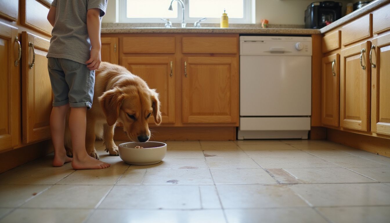 A child stands still in a kitchen while a golden retriever focuses on its feeding bowl nearby. A child stands still in a kitchen while a golden retriever focuses on its feeding bowl nearby.