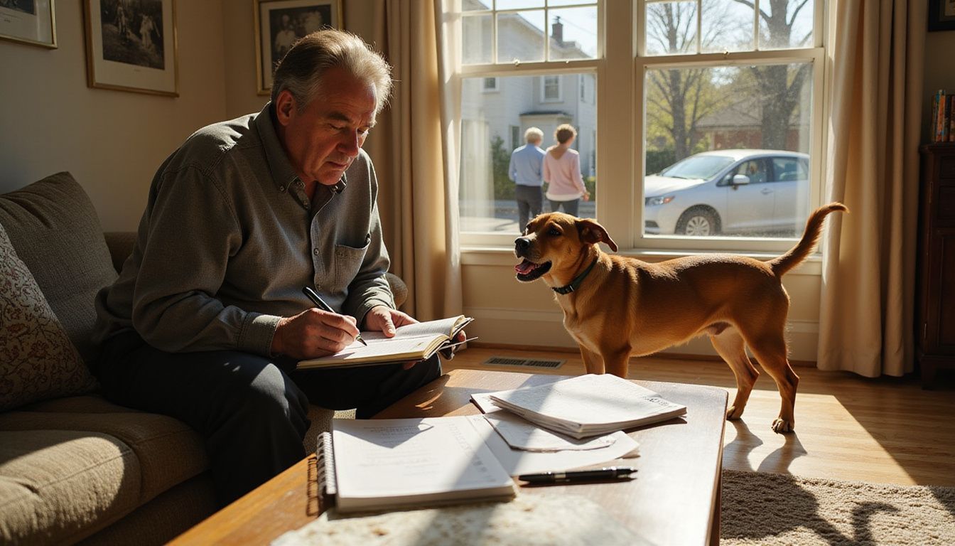 A focused person studies notes while a dog barks alertly nearby.