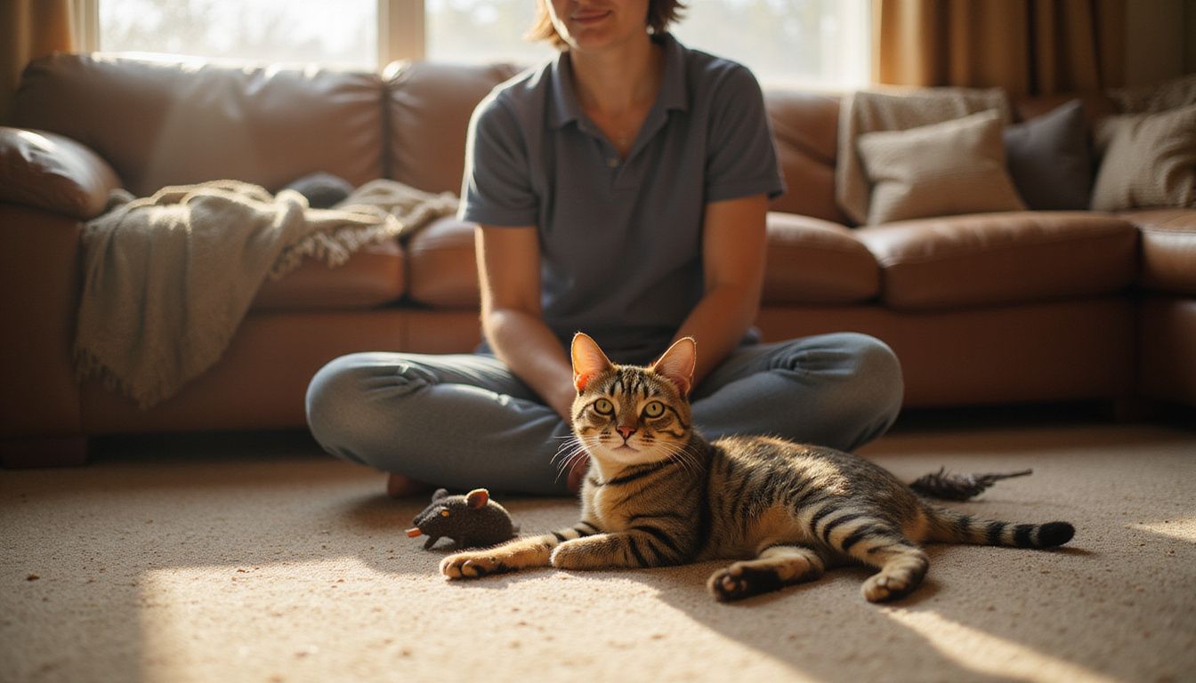 A relaxed adult sits cross-legged on a carpet, enjoying a candid moment with a sprawled tabby cat nearby. A relaxed adult sits cross-legged on a carpet, enjoying a candid moment with a sprawled tabby cat nearby.