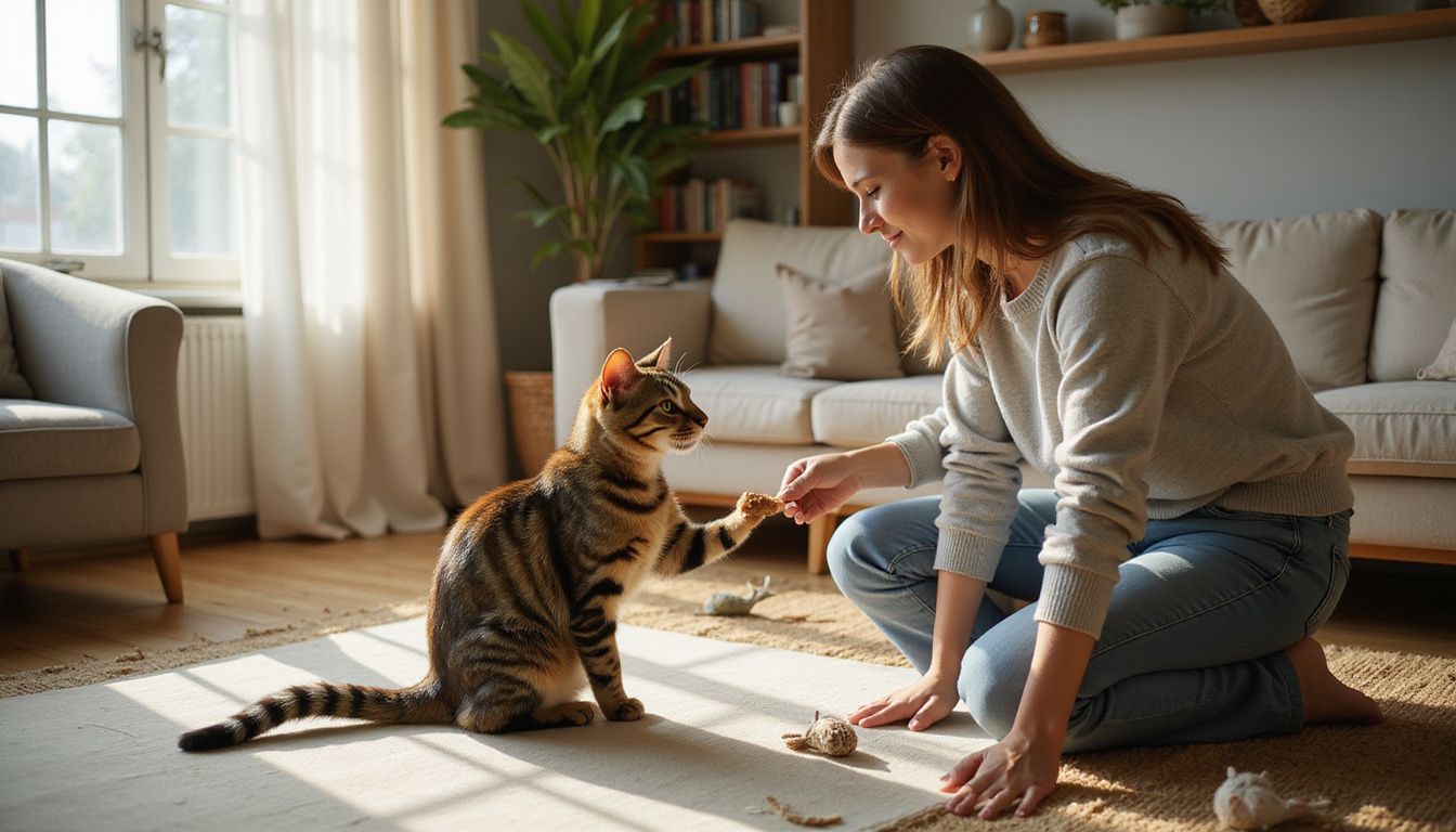 A woman interacts with a relaxed tabby cat on a cream couch in a cozy living room. A woman interacts with a relaxed tabby cat on a cream couch in a cozy living room.