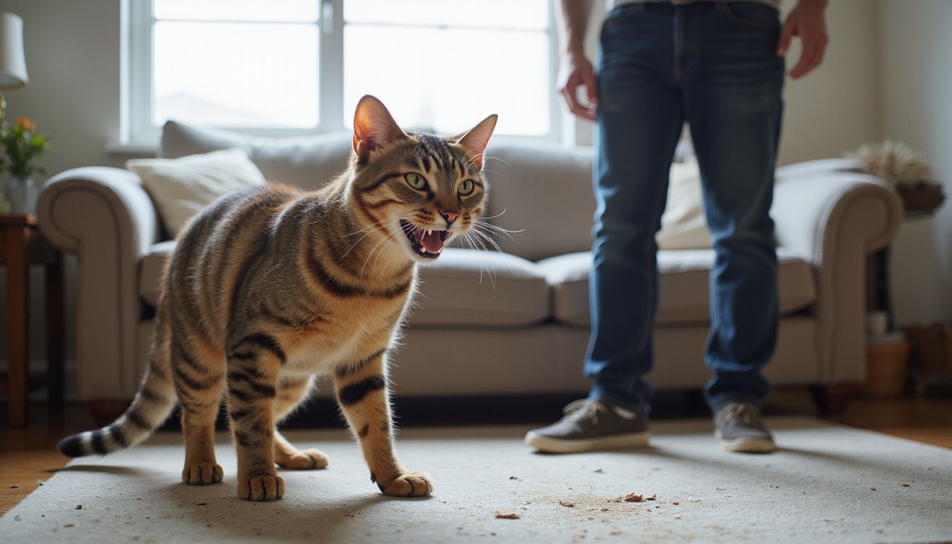 A terrified tabby cat hisses defensively at a concerned man in a cozy, lived-in living room. A terrified tabby cat hisses defensively at a concerned man in a cozy, lived-in living room.