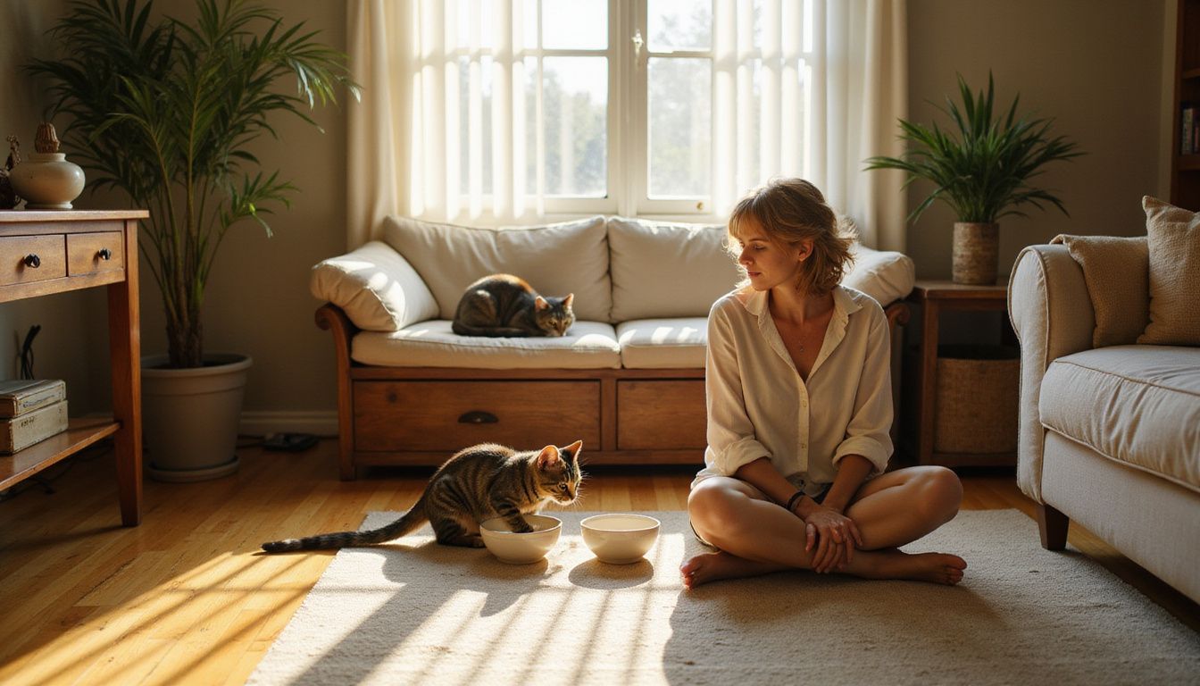 A relaxed middle-aged woman sits on a rug, observing her cats as they eat in a cozy, lived-in living room. A relaxed middle-aged woman sits on a rug, observing her cats as they eat in a cozy, lived-in living room.