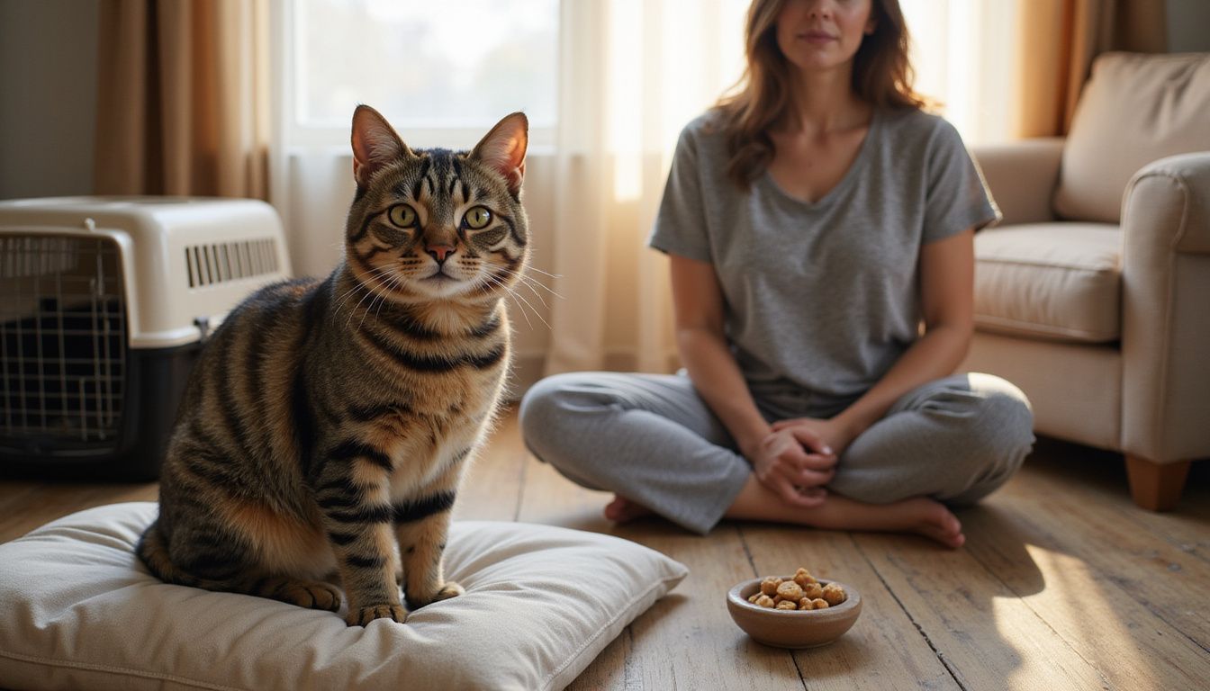 A relaxed woman engages in training with a tabby cat while surrounded by a warm, inviting room. A relaxed woman engages in training with a tabby cat while surrounded by a warm, inviting room.