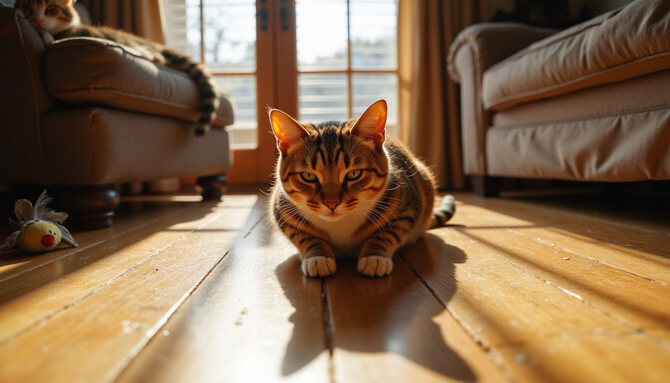 A tense tabby cat crouches defensively on the floor while a relaxed cat rests nearby, surrounded by toys. A tense tabby cat crouches defensively on the floor while a relaxed cat rests nearby, surrounded by toys.