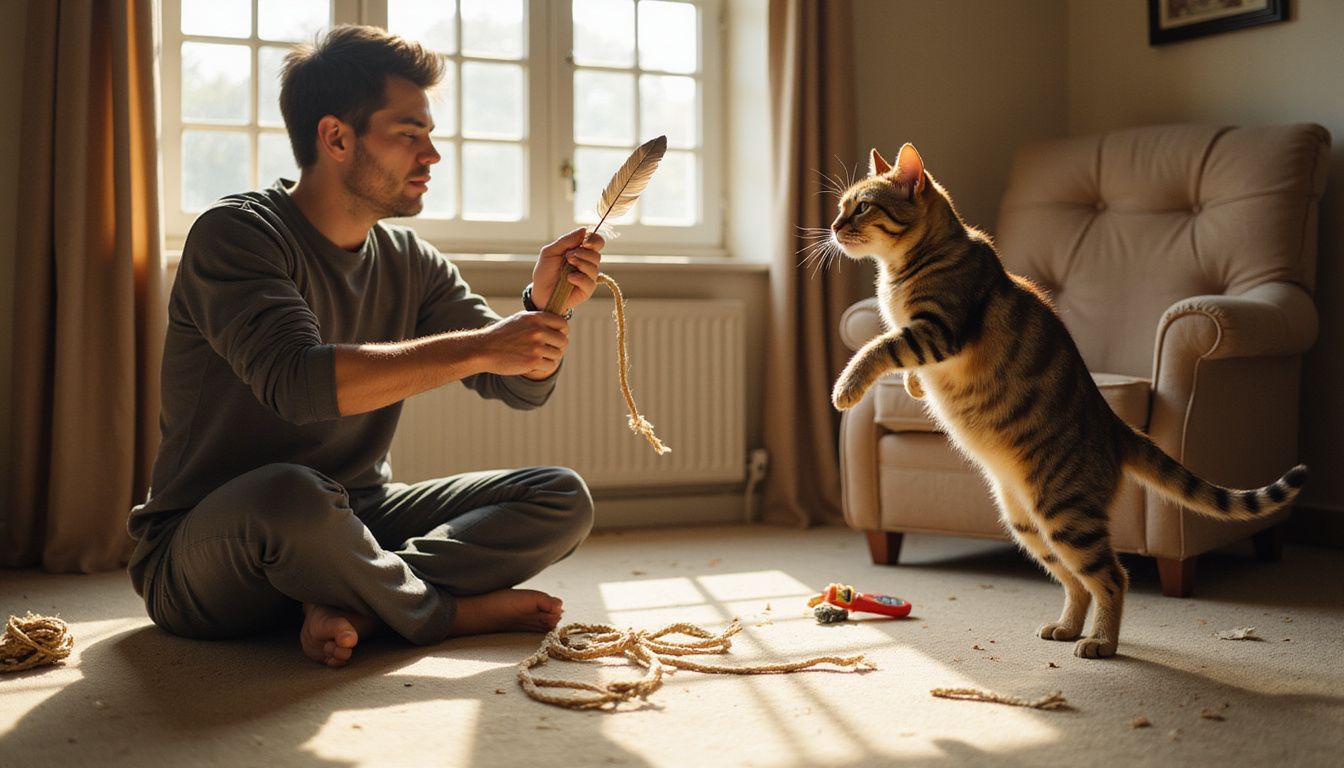 A person sits on a carpet, playfully engaging a jumping tabby cat with a feather wand amid scattered toys. A person sits on a carpet, playfully engaging a jumping tabby cat with a feather wand amid scattered toys.