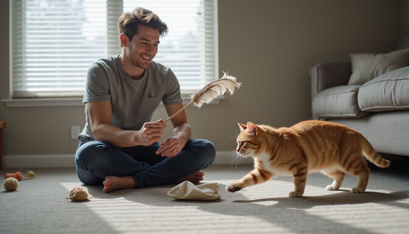 A young person engages playfully with an orange tabby cat using a feather toy on a textured carpet. A young person engages playfully with an orange tabby cat using a feather toy on a textured carpet.